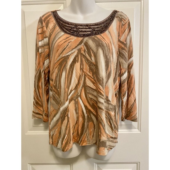 Dana Buchman Tops - Dana Buchman Women’s Beaded Brown Peach Orange Top Size M 3/4 Sleeves